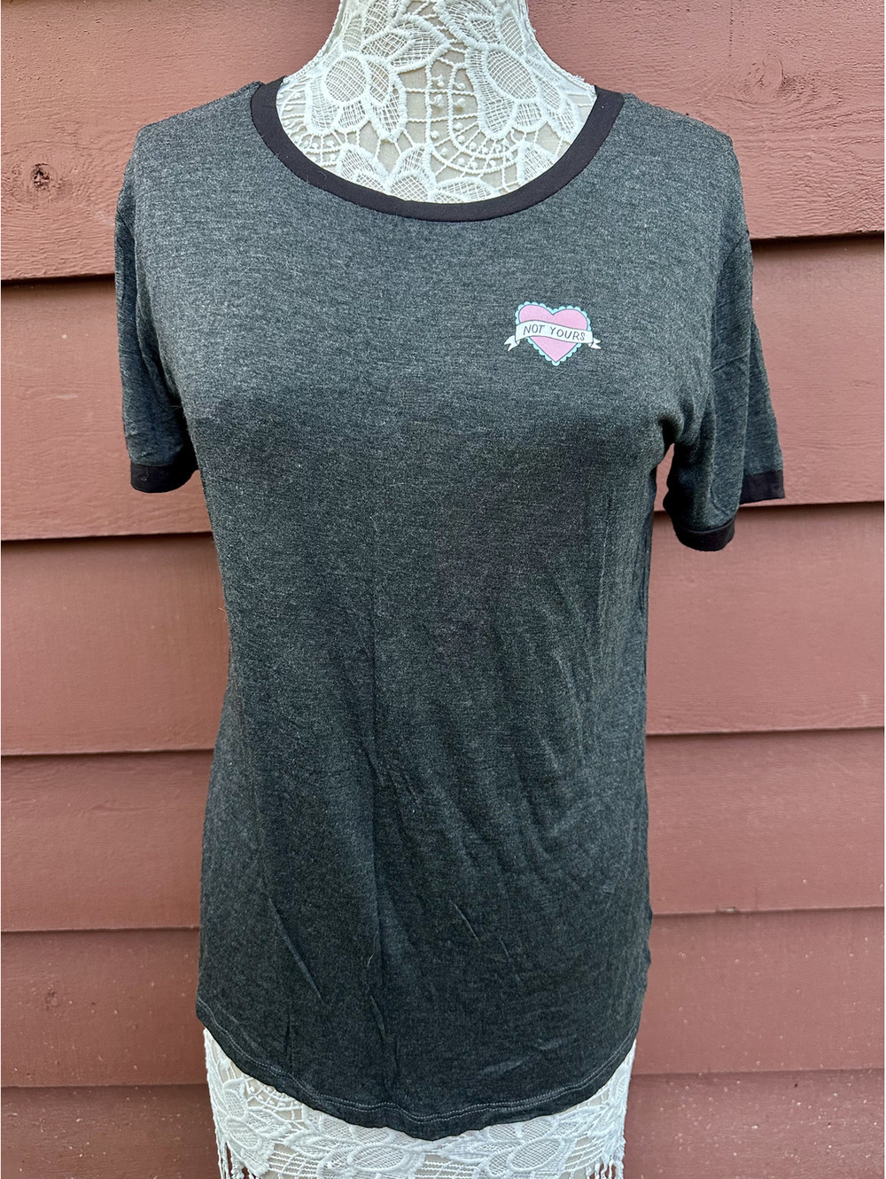 NWT Empyre Grey Graphic Tee with Not Yours Heart Patch
